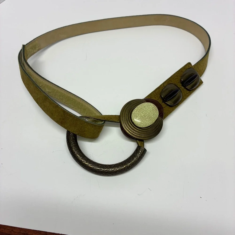 Vintage 90s Moss Green Leather Waist Belt Sculptural Faux Stone Ring Closure